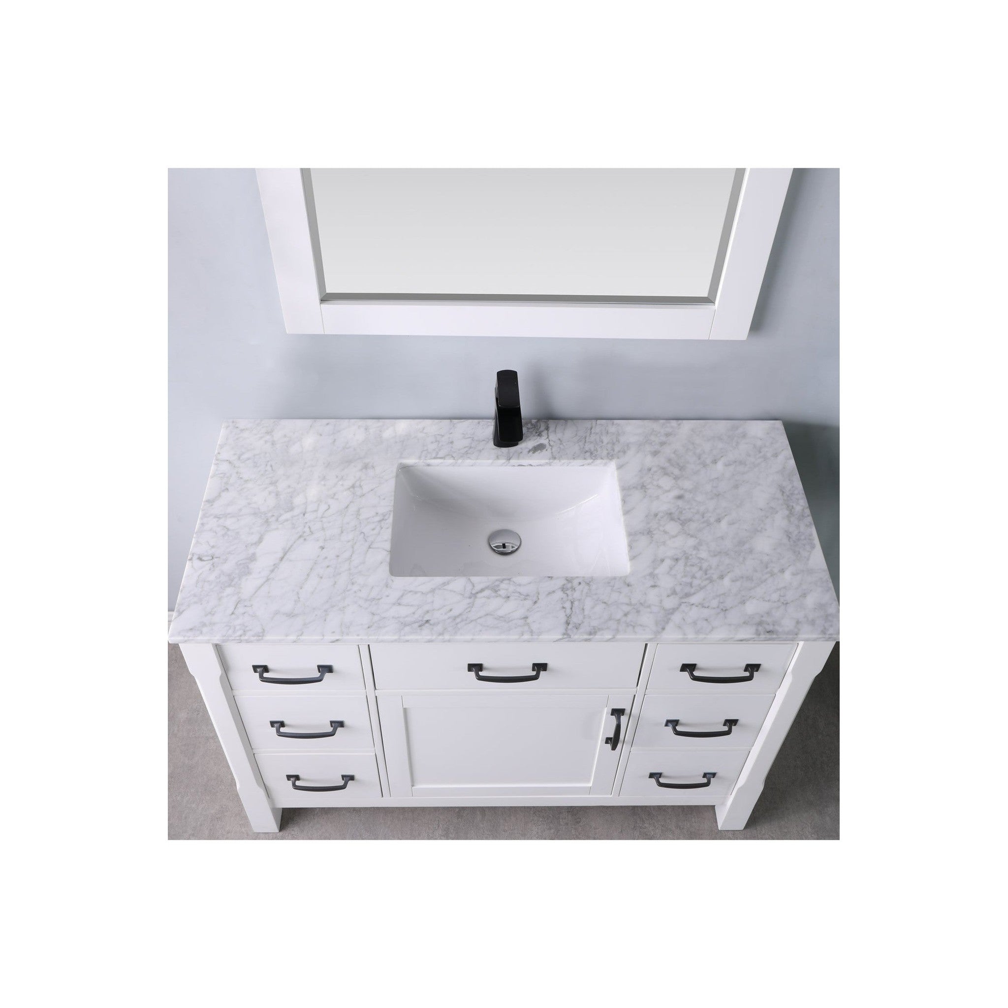 Maribella 48" Single Bathroom Vanity Set in White and Carrara White Marble Countertop with Mirror