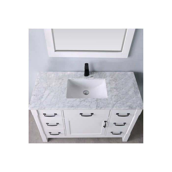 Maribella 48" Single Bathroom Vanity Set in White and Carrara White Marble Countertop with Mirror