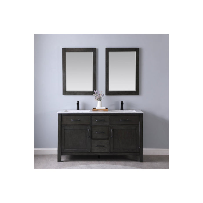 Maribella 60" Double Bathroom Vanity Set in Rust Black and Carrara White Marble Countertop with Mirror