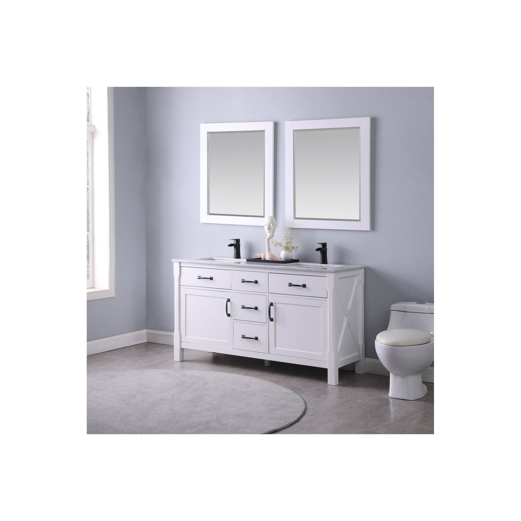 Maribella 60" Double Bathroom Vanity Set in White and Carrara White Marble Countertop with Mirror