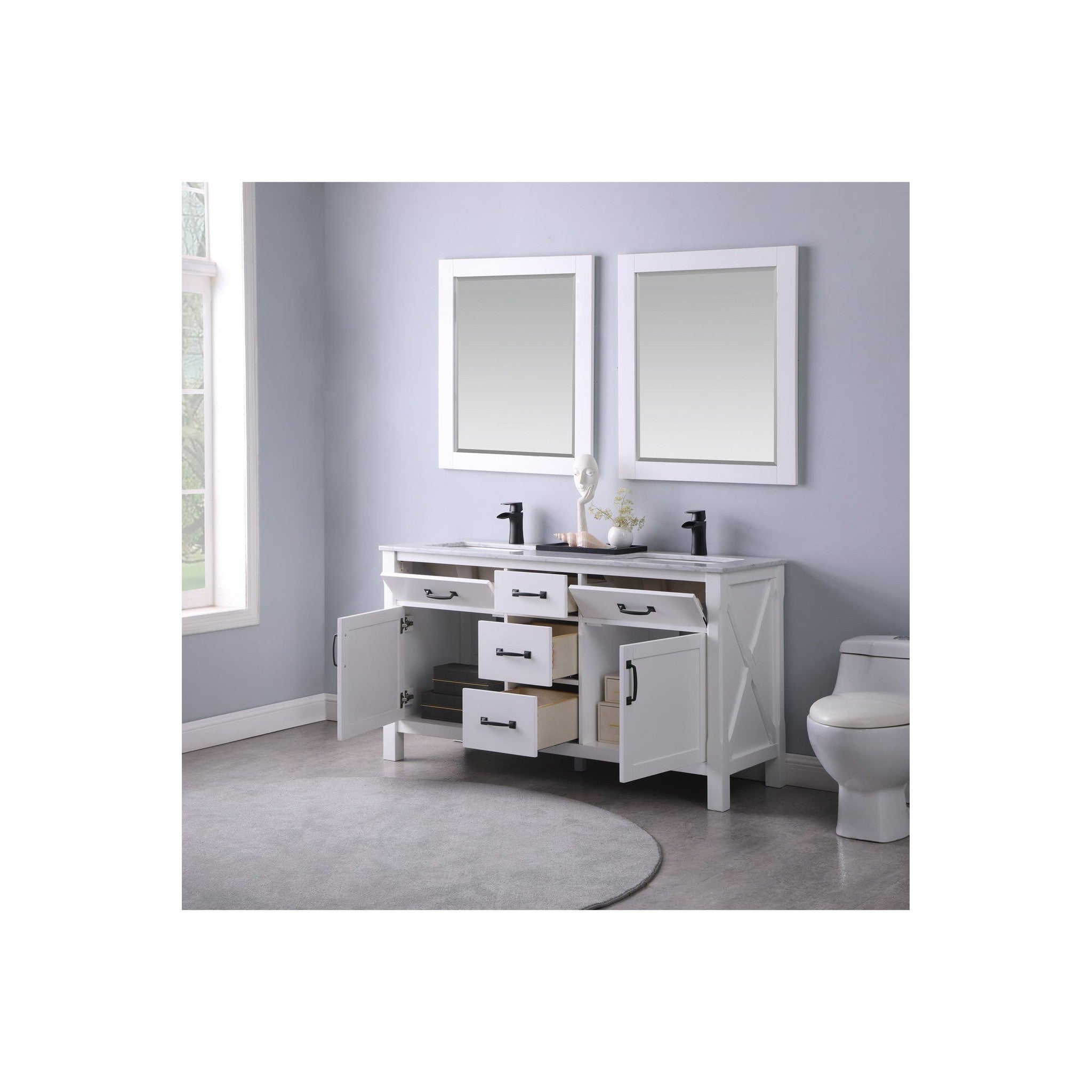 Maribella 60" Double Bathroom Vanity Set in White and Carrara White Marble Countertop with Mirror