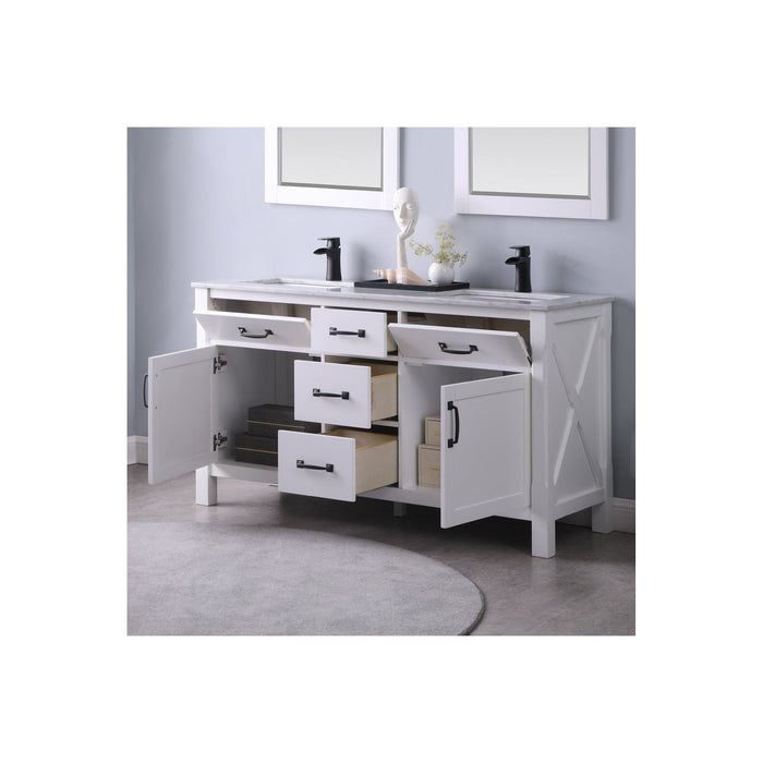 Maribella 60" Double Bathroom Vanity Set in White and Carrara White Marble Countertop with Mirror