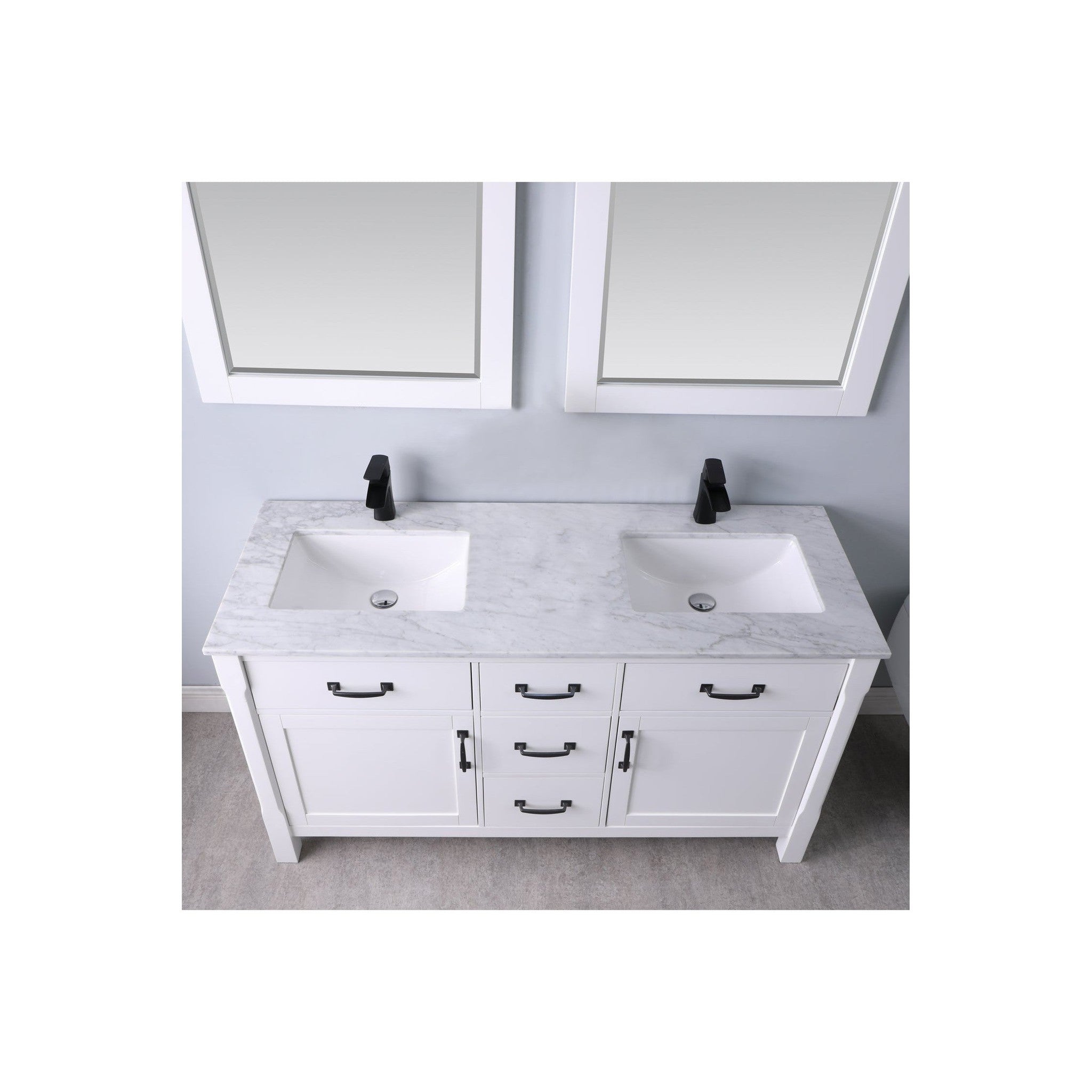 Maribella 60" Double Bathroom Vanity Set in White and Carrara White Marble Countertop with Mirror
