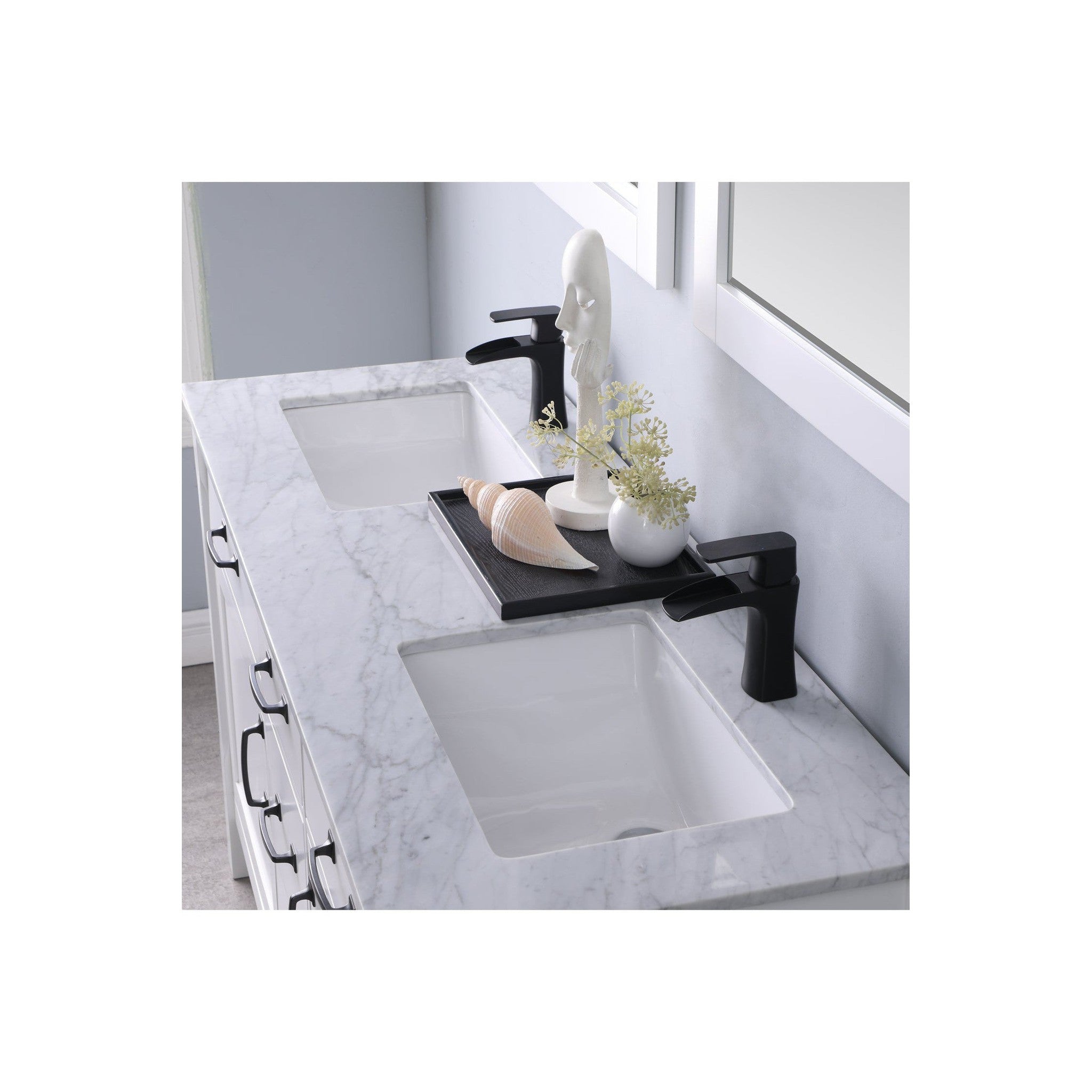 Maribella 60" Double Bathroom Vanity Set in White and Carrara White Marble Countertop with Mirror