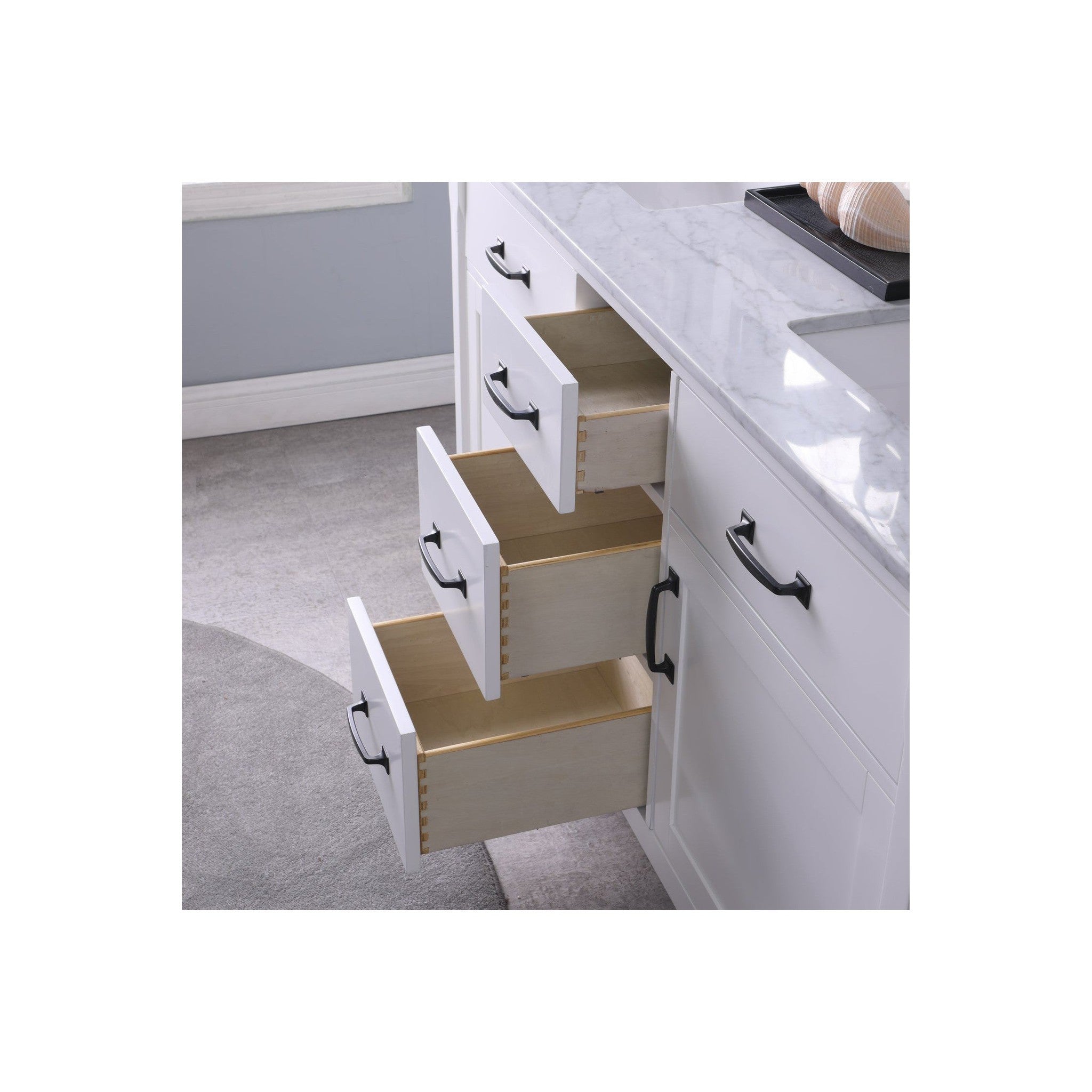 Maribella 60" Double Bathroom Vanity Set in White and Carrara White Marble Countertop with Mirror