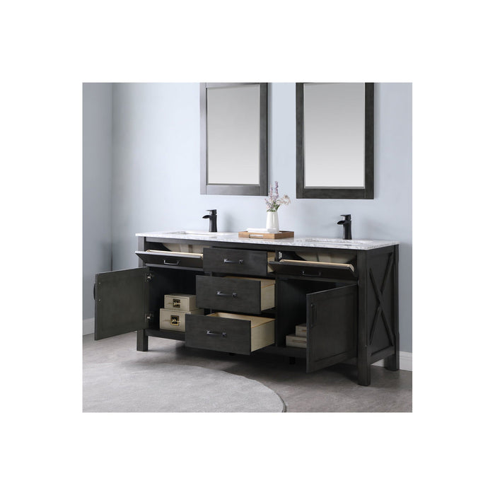 Maribella 72" Double Bathroom Vanity Set in Rust Black and Carrara White Marble Countertop with Mirror