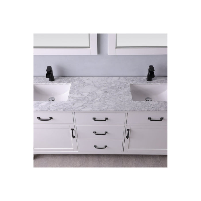 Maribella 72" Double Bathroom Vanity Set in White and Carrara White Marble Countertop with Mirror