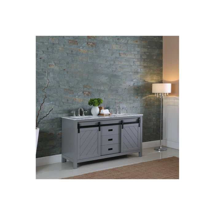 Kinsley 60" Double Bathroom Vanity Set in Gray and Carrara White Marble Countertop without Mirror
