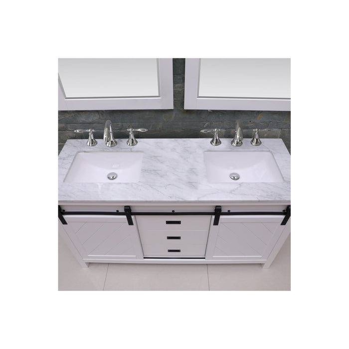 Kinsley 60" Double Bathroom Vanity Set in White and Carrara White Marble Countertop with Mirror