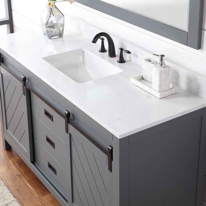 Kinsley 60" Single Bathroom Vanity Set in Gray and Composite Carrara White Stone Countertop with Mirror