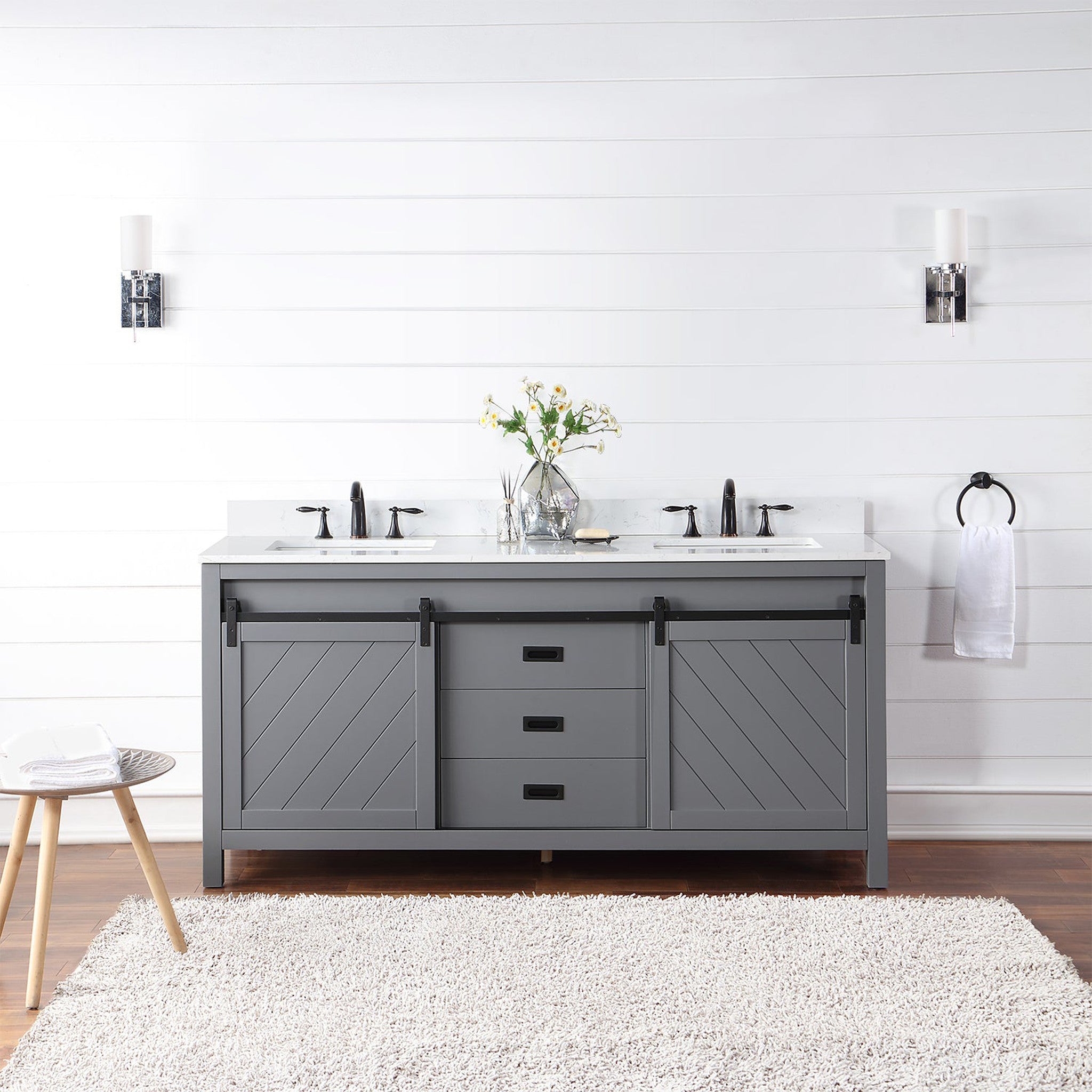 Kinsley 72" Double Bathroom Vanity Set in Gray and Composite Carrara White Stone Countertop without Mirror