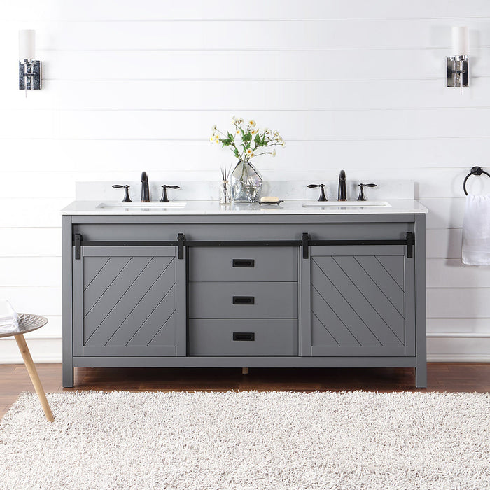 Kinsley 72" Double Bathroom Vanity Set in Gray and Composite Carrara White Stone Countertop without Mirror