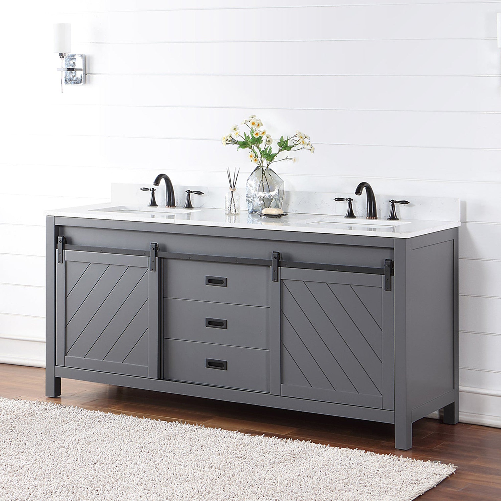 Kinsley 72" Double Bathroom Vanity Set in Gray and Composite Carrara White Stone Countertop without Mirror