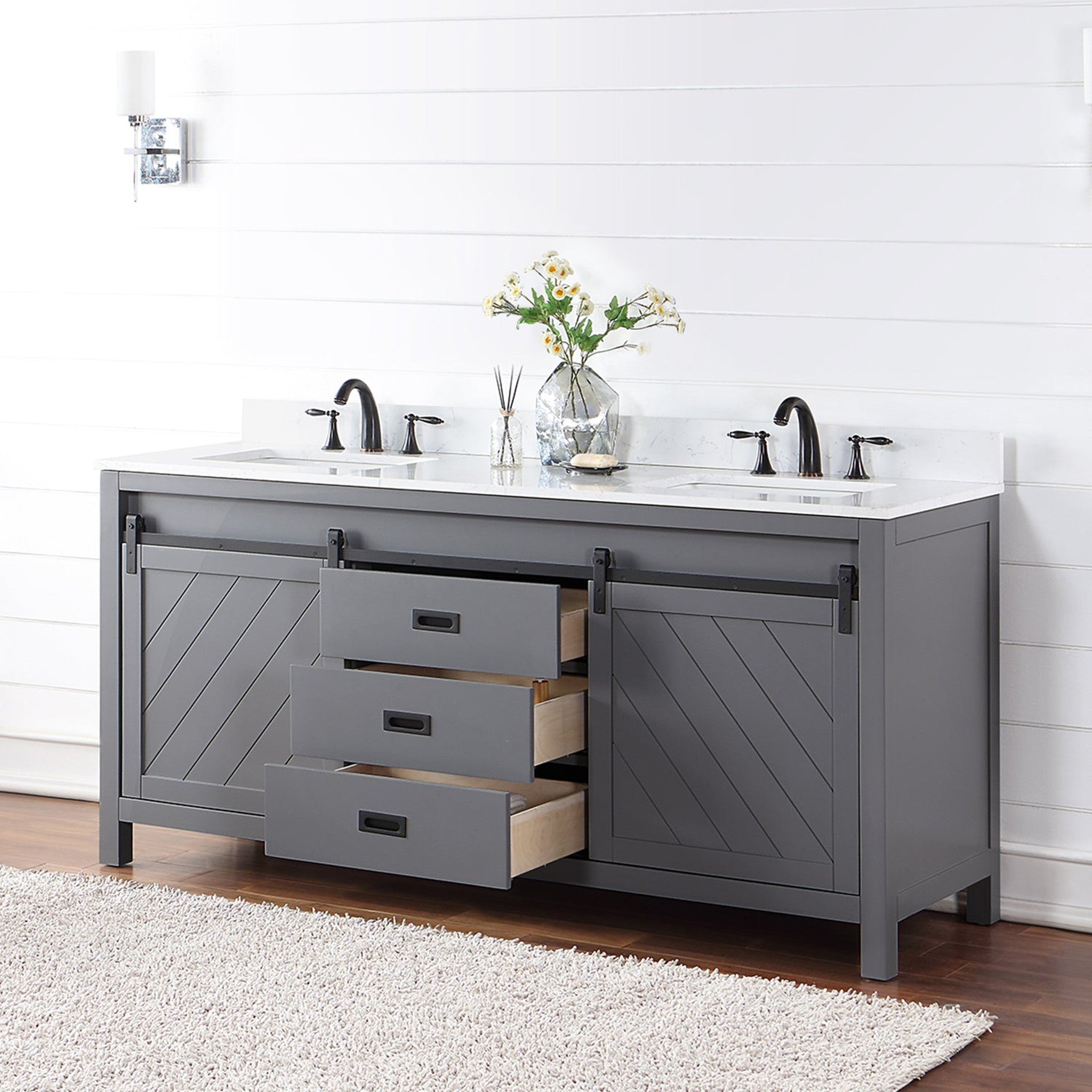 Kinsley 72" Double Bathroom Vanity Set in Gray and Composite Carrara White Stone Countertop without Mirror