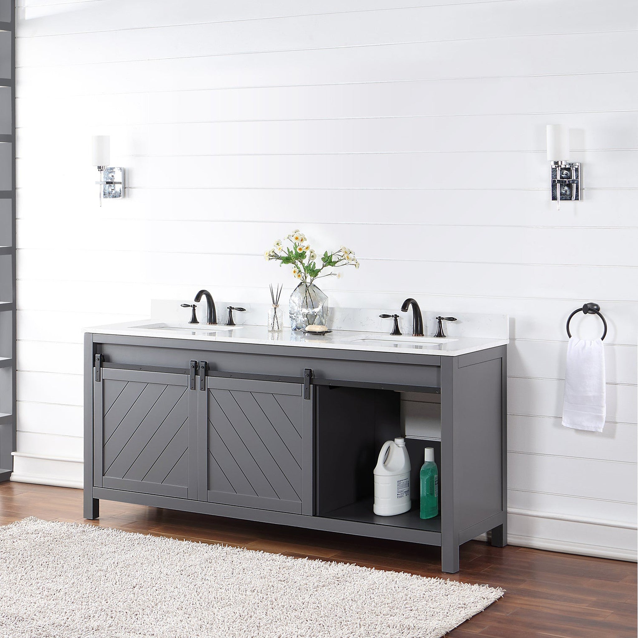 Kinsley 72" Double Bathroom Vanity Set in Gray and Composite Carrara White Stone Countertop without Mirror