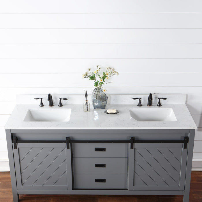 Kinsley 72" Double Bathroom Vanity Set in Gray and Composite Carrara White Stone Countertop without Mirror