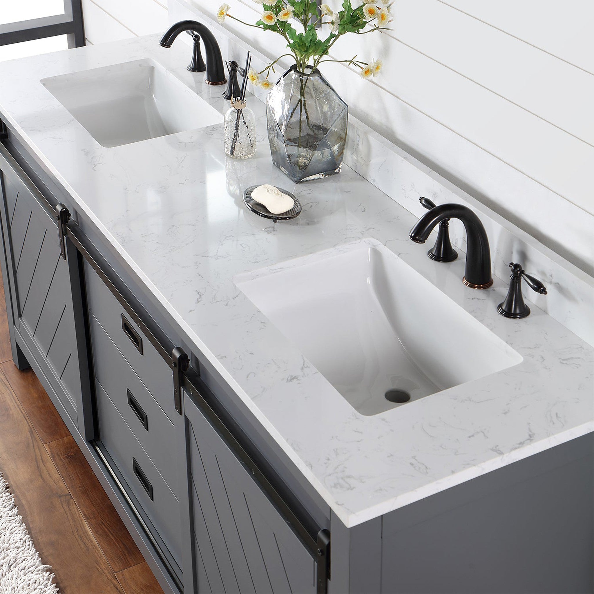 Kinsley 72" Double Bathroom Vanity Set in Gray and Composite Carrara White Stone Countertop without Mirror