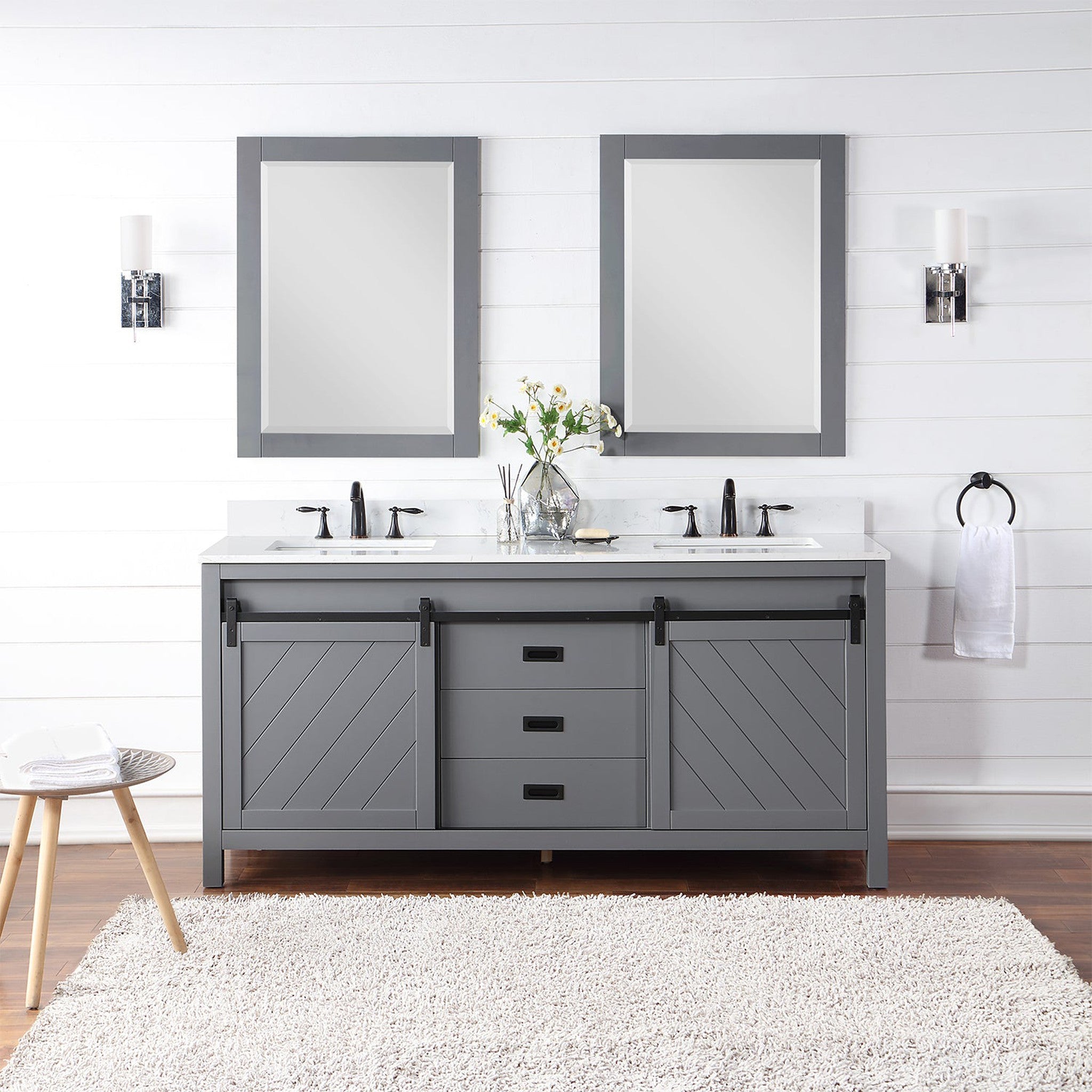 Kinsley 72" Double Bathroom Vanity Set in Gray and Composite Carrara White Stone Countertop with Mirror