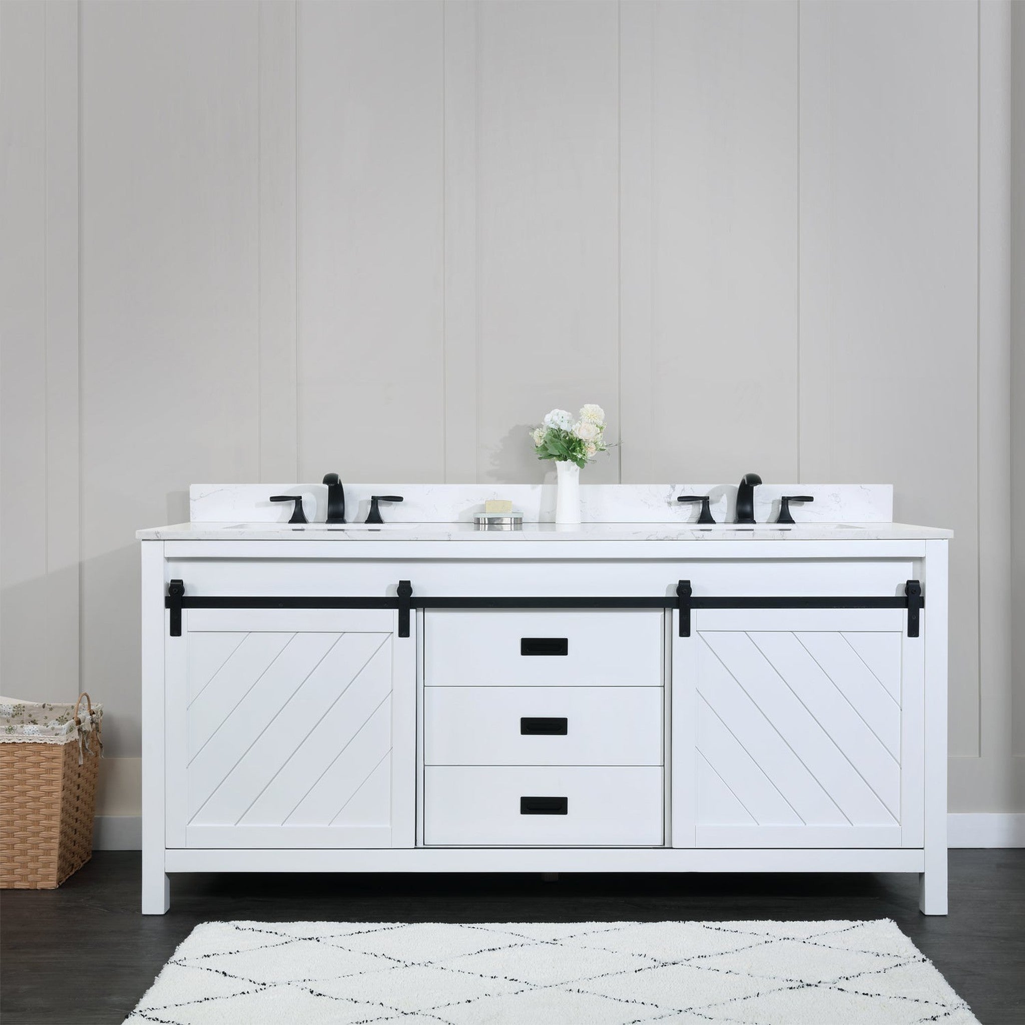 Kinsley 72" Double Bathroom Vanity Set in White and Carrara White Marble Countertop without Mirror
