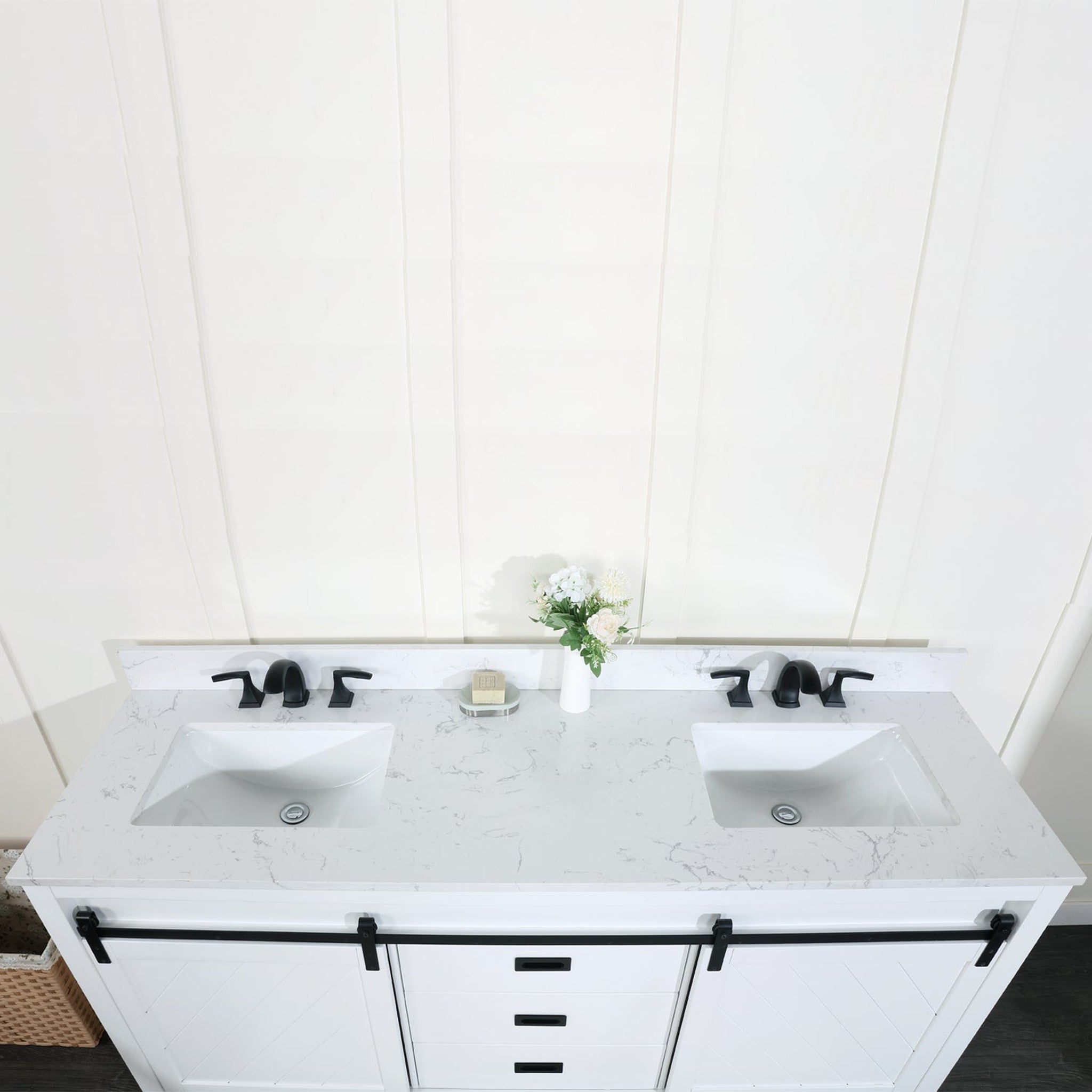 Kinsley 72" Double Bathroom Vanity Set in White and Carrara White Marble Countertop without Mirror