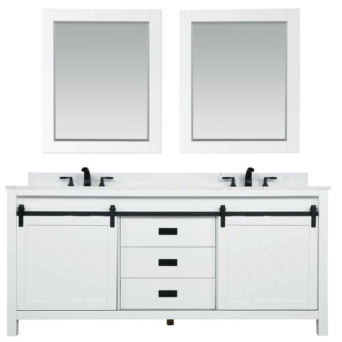 Kinsley 72" Double Bathroom Vanity Set in White and Carrara White Marble Countertop with Mirror