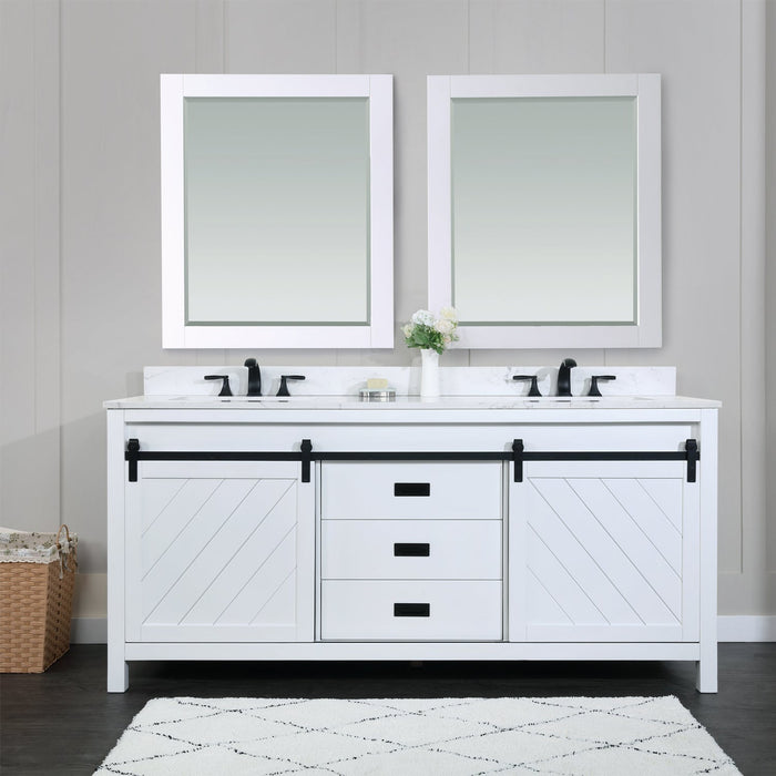 Kinsley 72" Double Bathroom Vanity Set in White and Carrara White Marble Countertop with Mirror