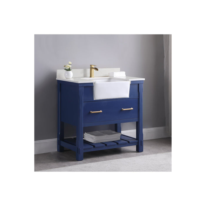 Georgia 36" Single Bathroom Vanity Set in Jewelry Blue and Composite Carrara White Stone Top with White Farmhouse Basin without Mirror