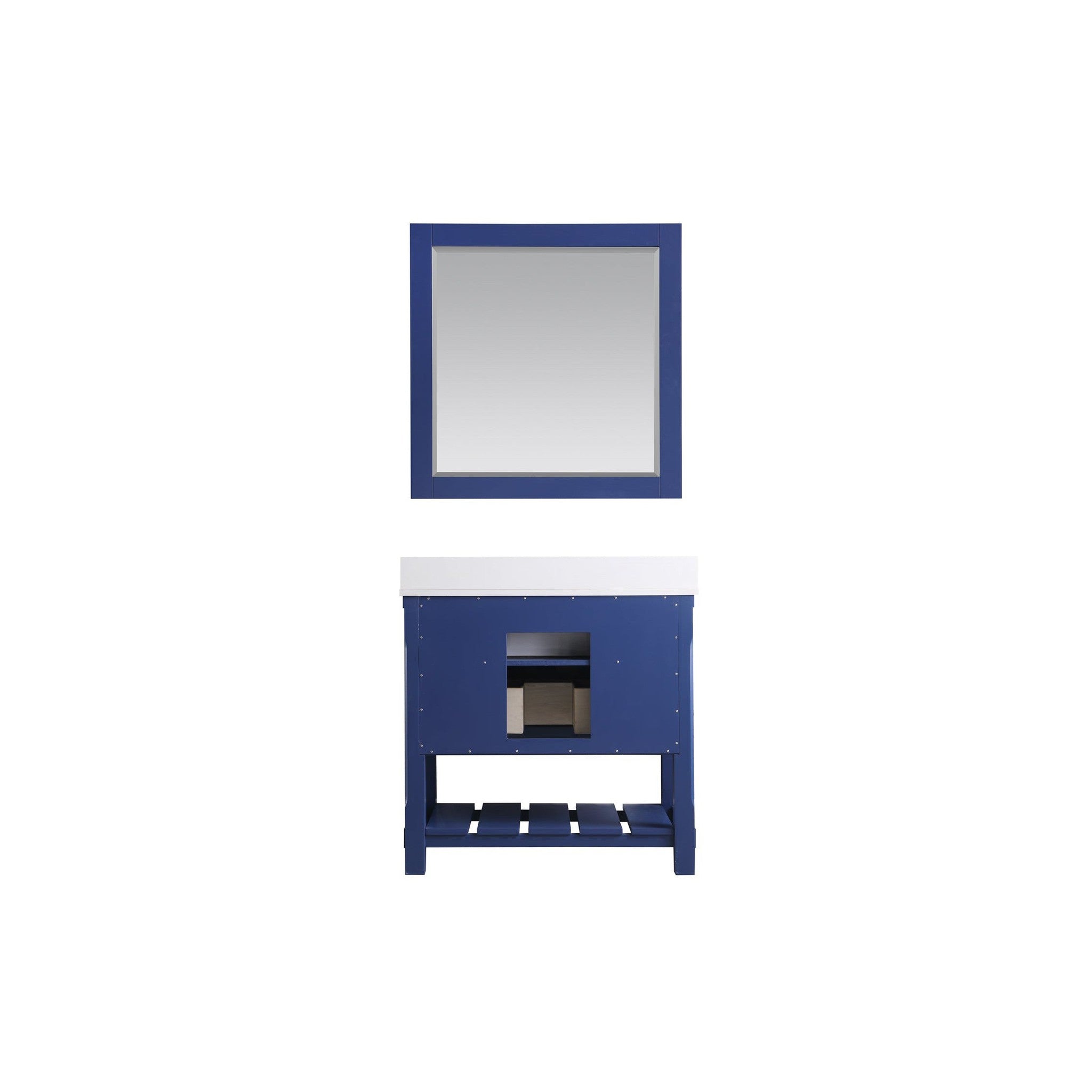 Georgia 36" Single Bathroom Vanity Set in Jewelry Blue and Composite Carrara White Stone Top with White Farmhouse Basin with Mirror