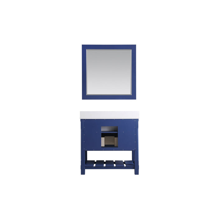 Georgia 36" Single Bathroom Vanity Set in Jewelry Blue and Composite Carrara White Stone Top with White Farmhouse Basin with Mirror