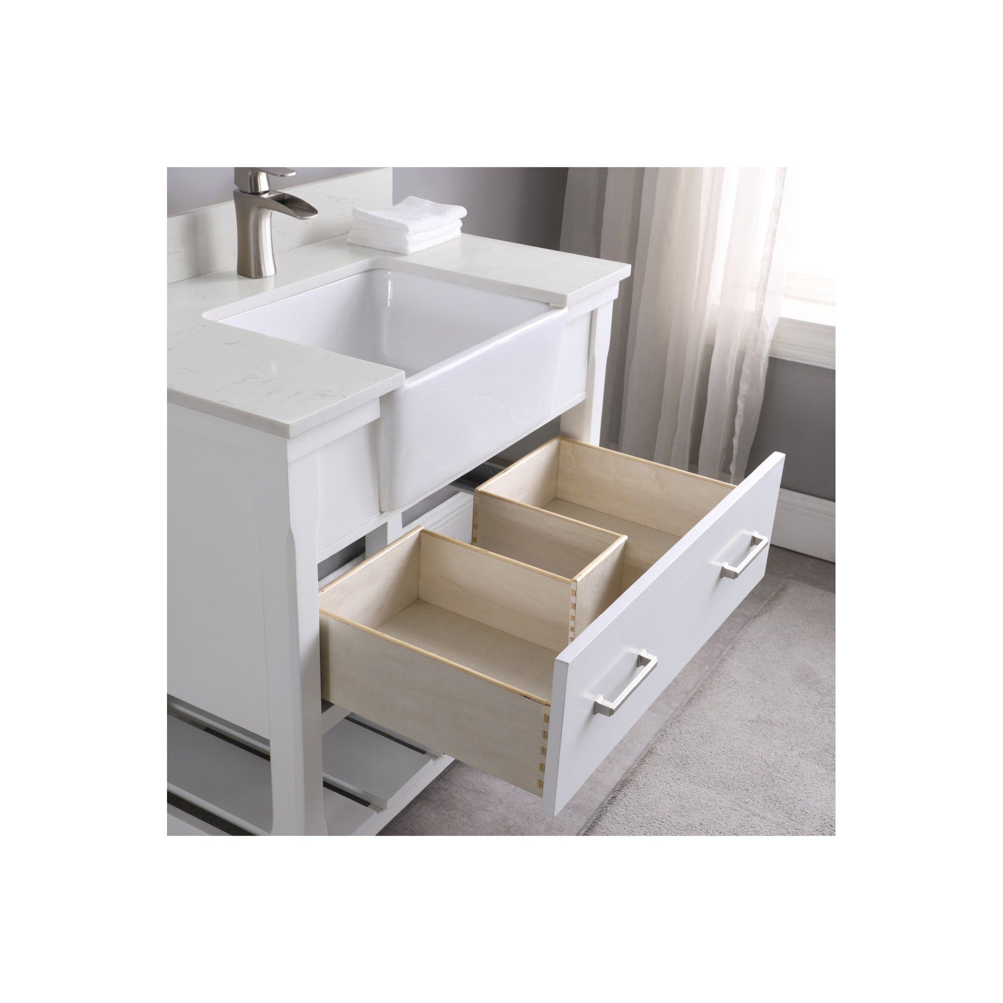 Georgia 36" Single Bathroom Vanity Set in White and Composite Carrara White Stone Top with White Farmhouse Basin with Mirror