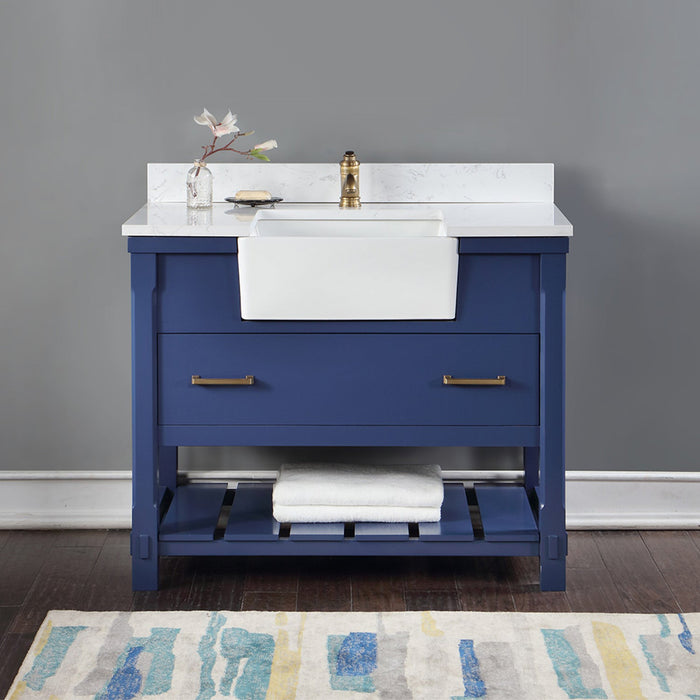 Georgia 42" Single Bathroom Vanity Set in Jewelry Blue and Composite Carrara White Stone Top with White Farmhouse Basin without Mirror