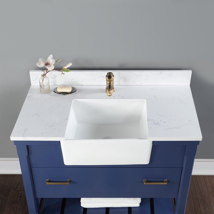 Georgia 42" Single Bathroom Vanity Set in Jewelry Blue and Composite Carrara White Stone Top with White Farmhouse Basin without Mirror