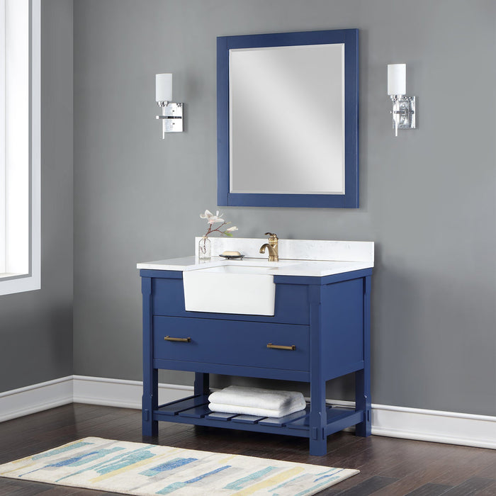 Georgia 42" Single Bathroom Vanity Set in Jewelry Blue and Composite Carrara White Stone Top with White Farmhouse Basin with Mirror