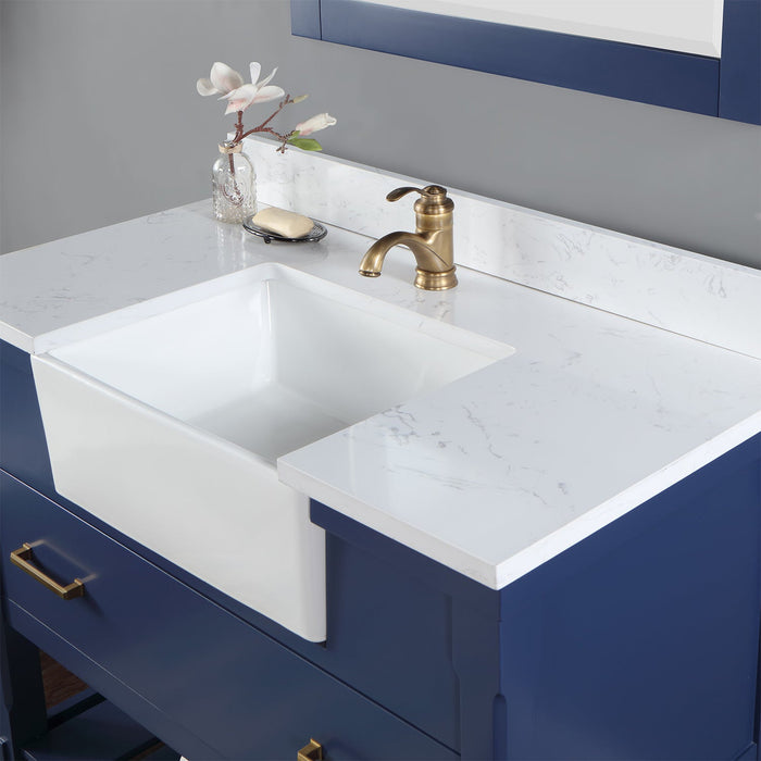 Georgia 42" Single Bathroom Vanity Set in Jewelry Blue and Composite Carrara White Stone Top with White Farmhouse Basin with Mirror