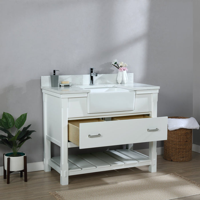Georgia 42" Single Bathroom Vanity Set in White and Composite Carrara White Stone Top with White Farmhouse Basin without Mirror