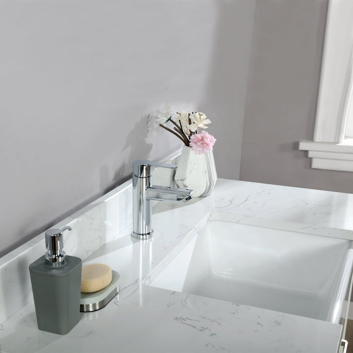 Georgia 42" Single Bathroom Vanity Set in White and Composite Carrara White Stone Top with White Farmhouse Basin with Mirror