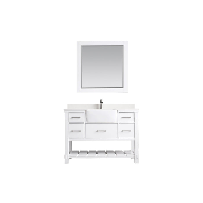 Georgia 48" Single Bathroom Vanity Set in White and Composite Carrara White Stone Top with White Farmhouse Basin with Mirror
