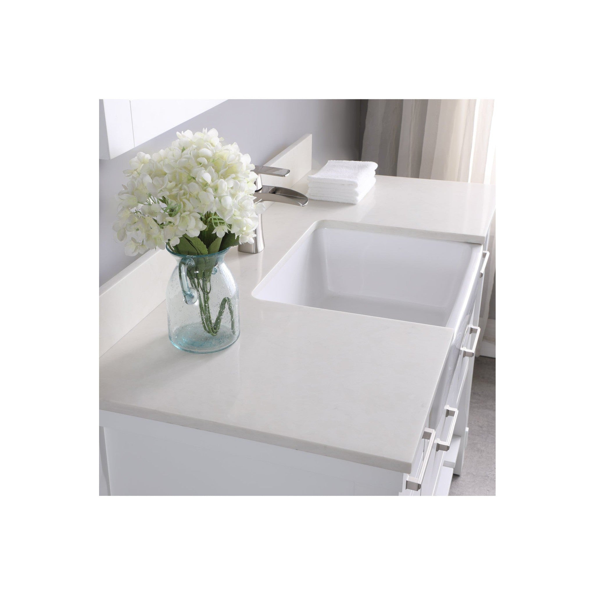 Georgia 48" Single Bathroom Vanity Set in White and Composite Carrara White Stone Top with White Farmhouse Basin with Mirror