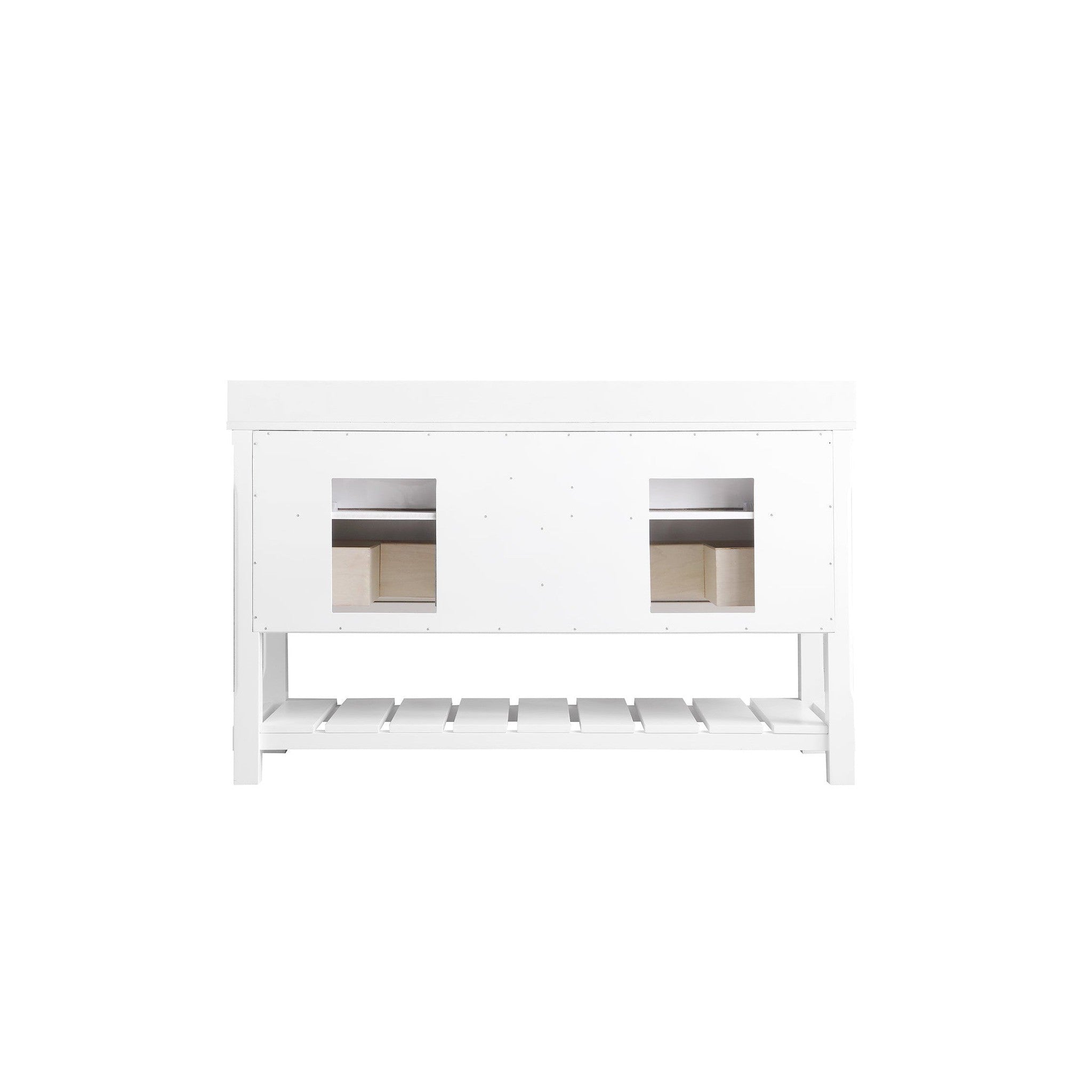 Georgia 60" Double Bathroom Vanity Set in White and Composite Carrara White Stone Top with White Farmhouse Basin without Mirror