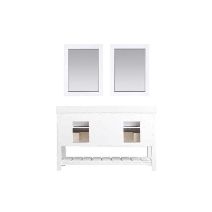 Georgia 60" Double Bathroom Vanity Set in White and Composite Carrara White Stone Top with White Farmhouse Basin with Mirror