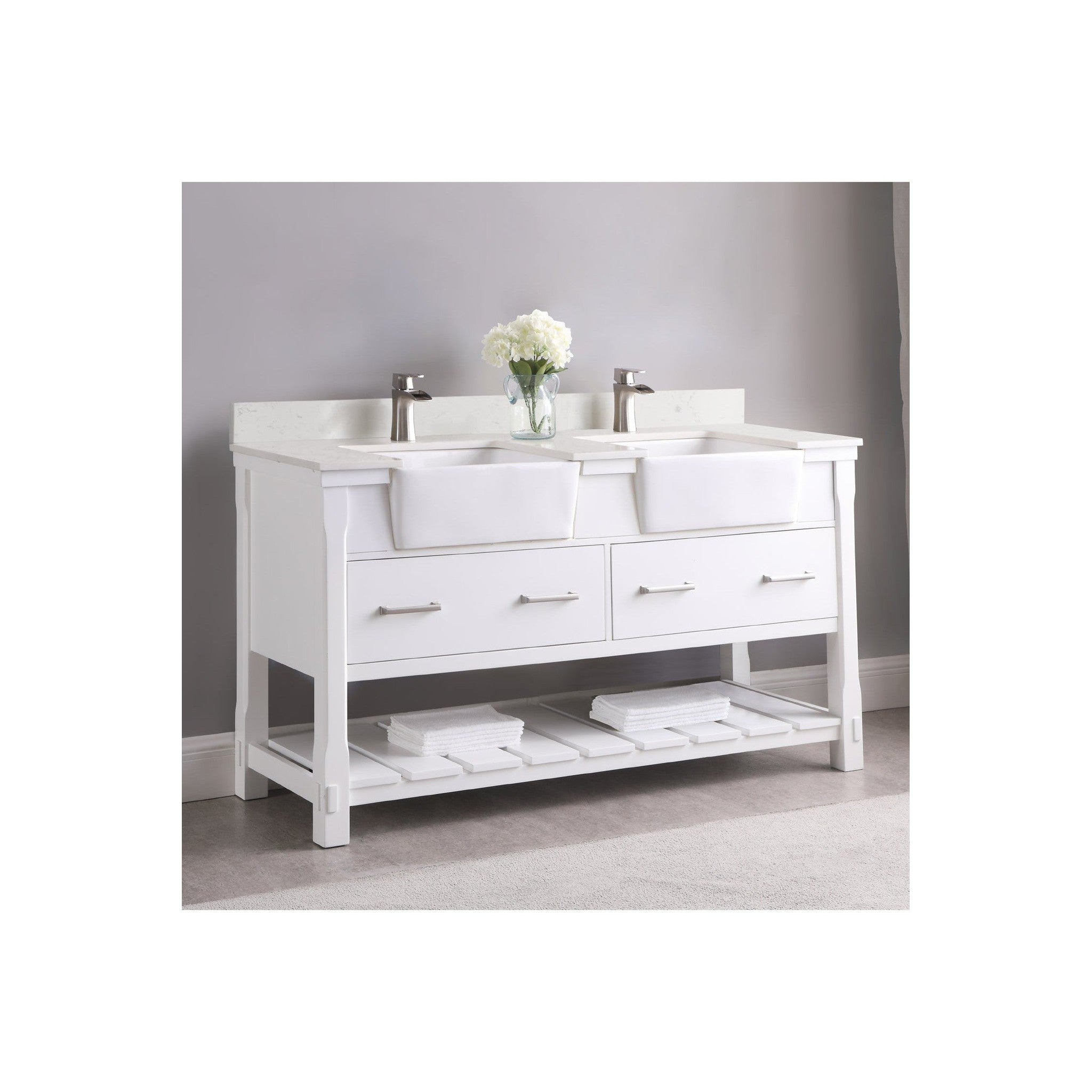 Georgia 60" Double Bathroom Vanity Set in White and Composite Carrara White Stone Top with White Farmhouse Basin with Mirror