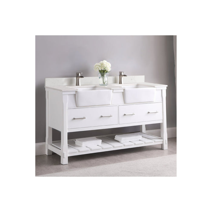 Georgia 60" Double Bathroom Vanity Set in White and Composite Carrara White Stone Top with White Farmhouse Basin with Mirror