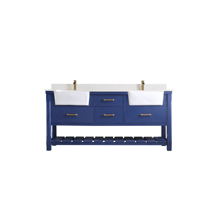 Georgia 72" Double Bathroom Vanity Set in Jewelry Blue and Composite Carrara White Stone Top with White Farmhouse Basin without Mirror