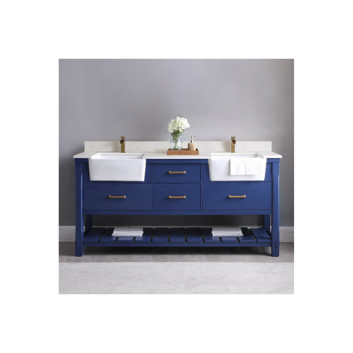 Georgia 72" Double Bathroom Vanity Set in Jewelry Blue and Composite Carrara White Stone Top with White Farmhouse Basin without Mirror