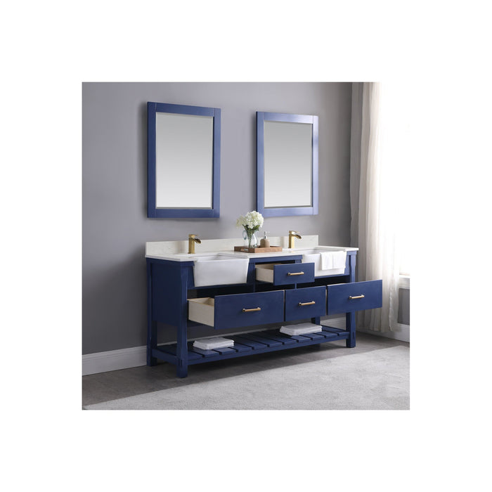 Georgia 72" Double Bathroom Vanity Set in Jewelry Blue and Composite Carrara White Stone Top with White Farmhouse Basin with Mirror