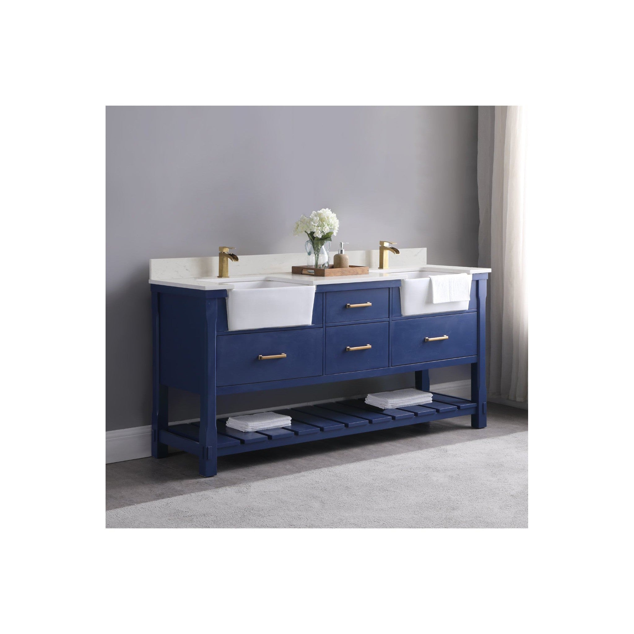 Georgia 72" Double Bathroom Vanity Set in Jewelry Blue and Composite Carrara White Stone Top with White Farmhouse Basin with Mirror