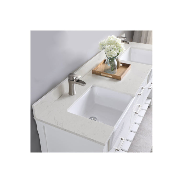 Georgia 72" Double Bathroom Vanity Set in White and Composite Carrara White Stone Top with White Farmhouse Basin without Mirror