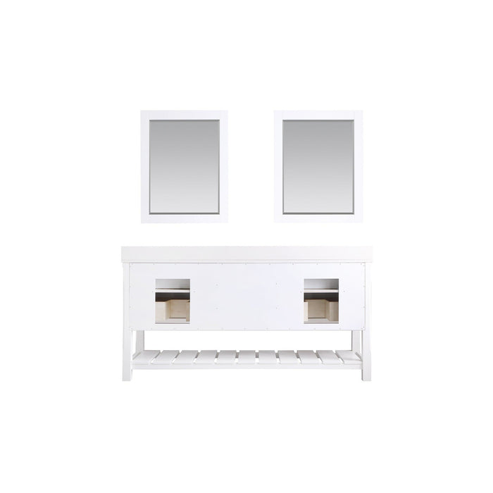 Georgia 72" Double Bathroom Vanity Set in White and Composite Carrara White Stone Top with White Farmhouse Basin with Mirror