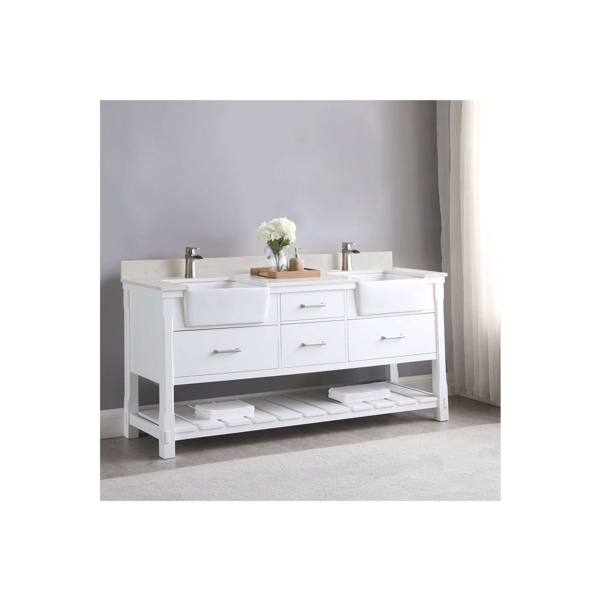 Georgia 72" Double Bathroom Vanity Set in White and Composite Carrara White Stone Top with White Farmhouse Basin with Mirror