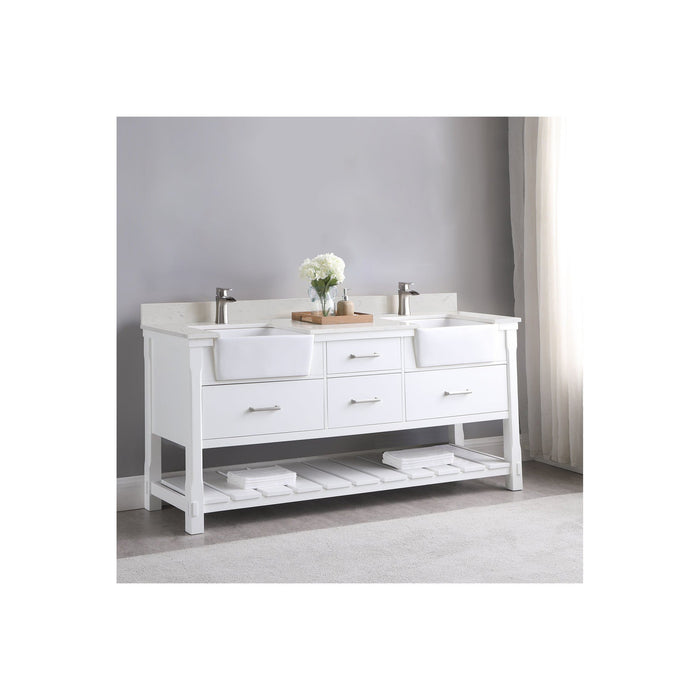 Georgia 72" Double Bathroom Vanity Set in White and Composite Carrara White Stone Top with White Farmhouse Basin with Mirror